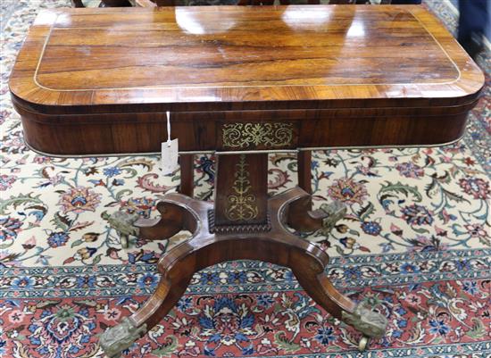 A Regency brass inlaid rosewood card table, W.3ft D.1ft 6in. H.2ft 4in.